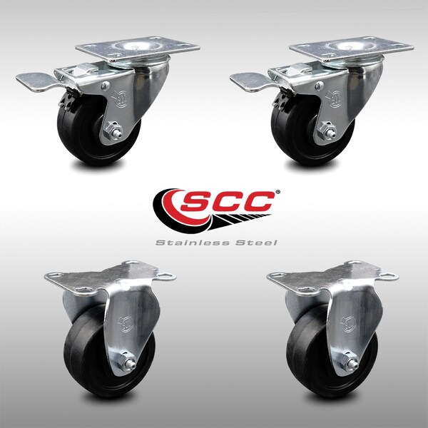 3 Inch SS Soft Rubber Wheel Top Plate Caster Lock Brake 2 Rigid SCC, 2PK